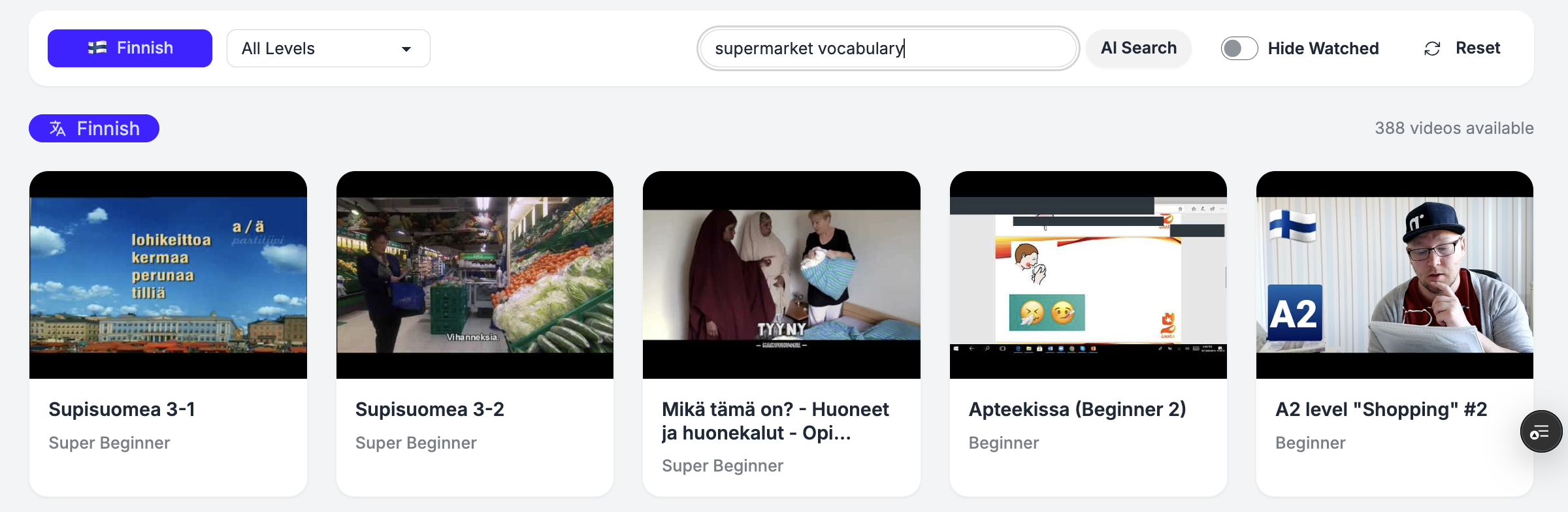 Finnish supermarket vocabulary search results